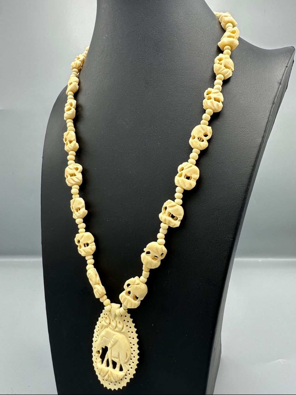 Carved Bone Elephant Pendant Necklace - Cream - Picture 3 of 3